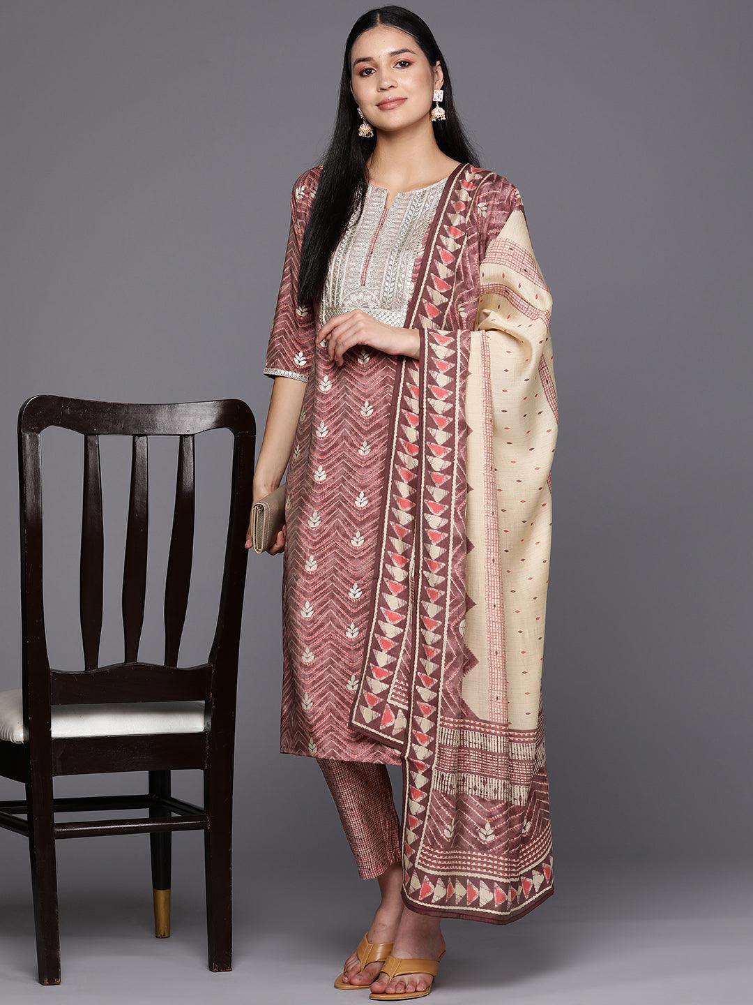 Mauve Yoke Design Silk Blend Straight Suit Set With Trousers