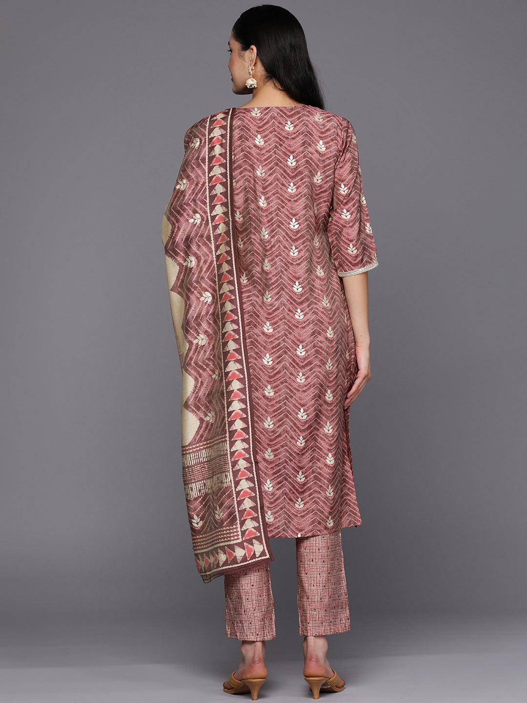 Mauve Yoke Design Silk Blend Straight Suit Set With Trousers