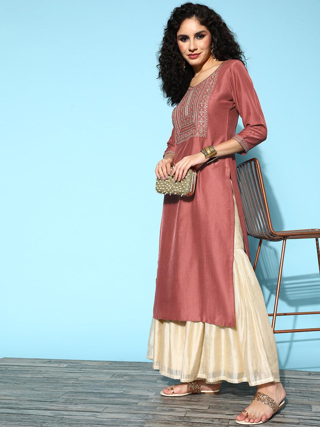 Mauve Yoke Design Silk Straight Kurta