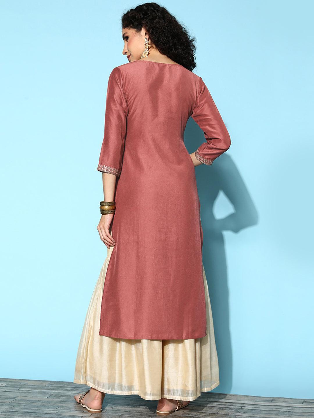 Mauve Yoke Design Silk Straight Kurta