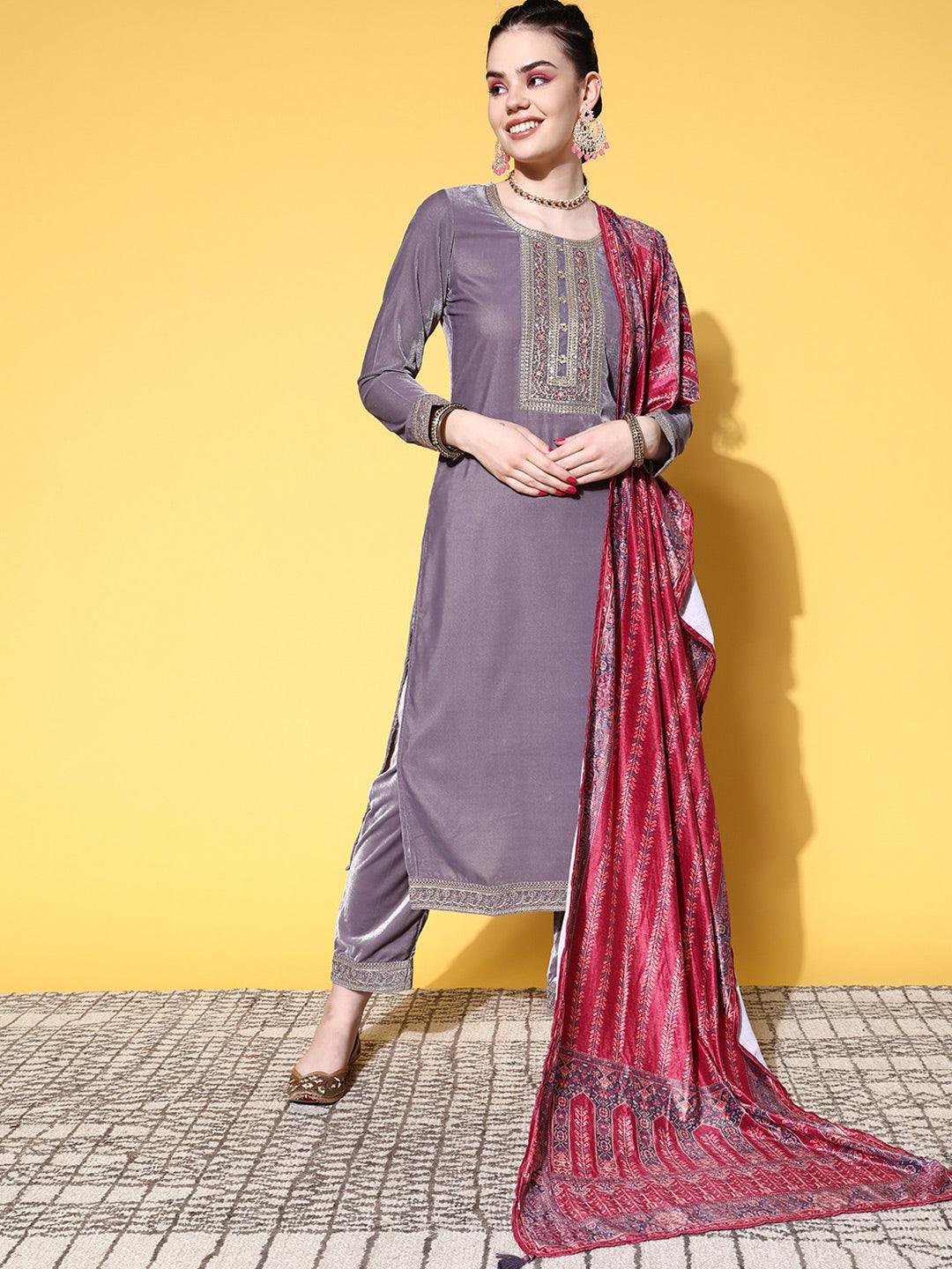 Mauve Yoke Design Velvet Straight Suit Set