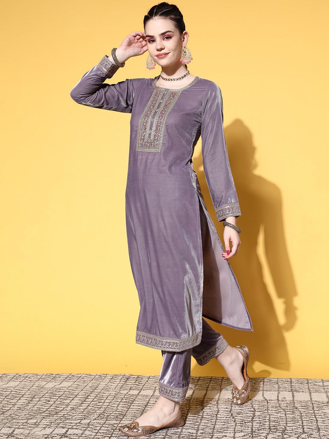 Mauve Yoke Design Velvet Straight Suit Set