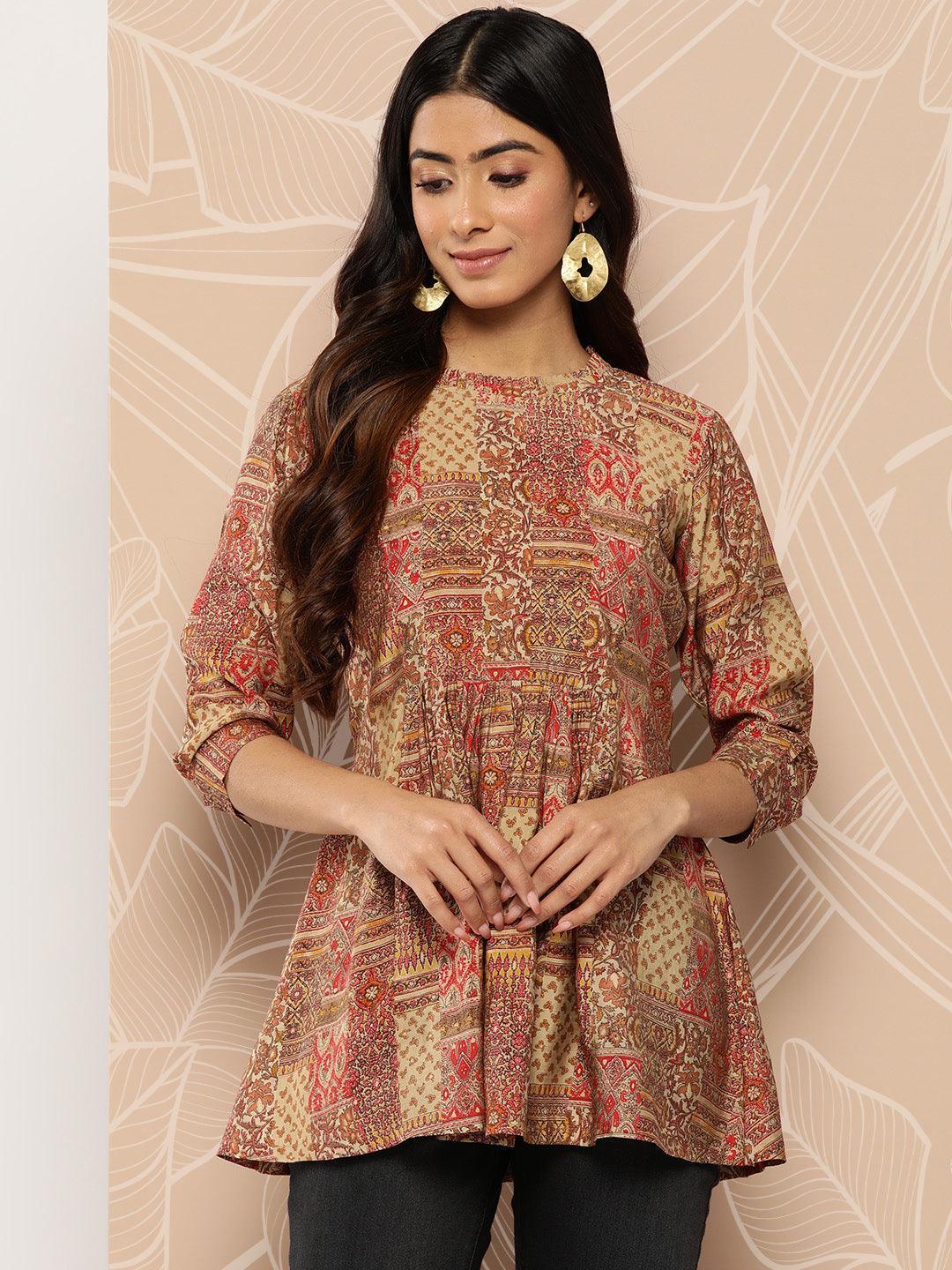 Multicoloured Printed Silk Blend A-Line Kurti