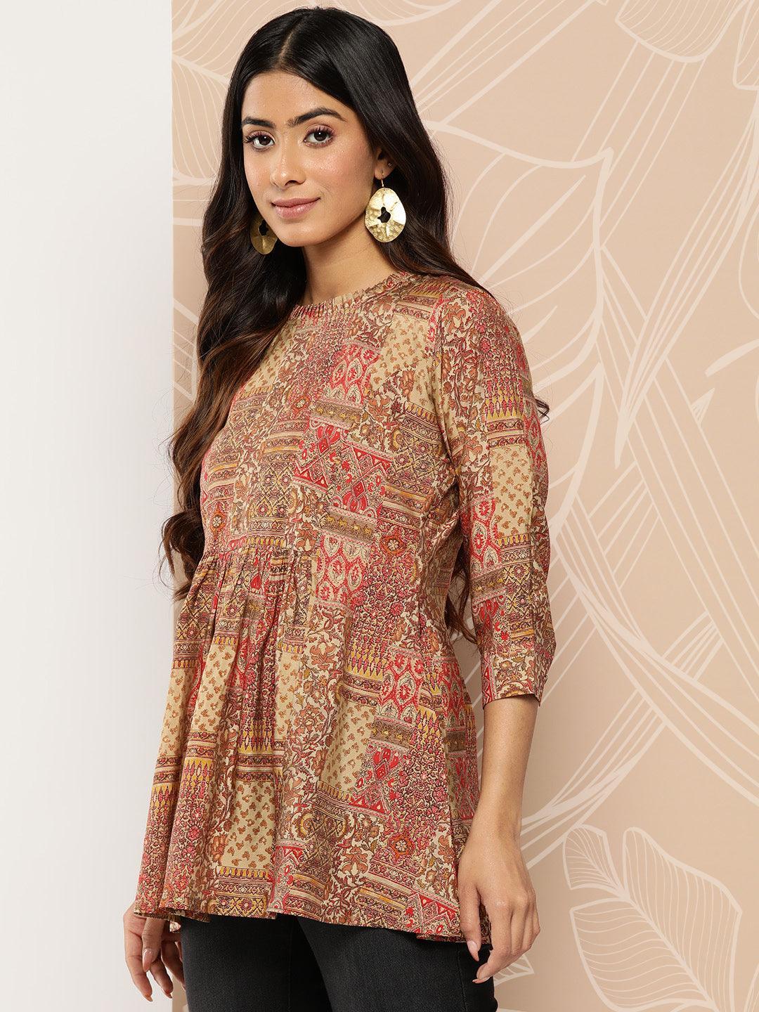 Multicoloured Printed Silk Blend A-Line Kurti