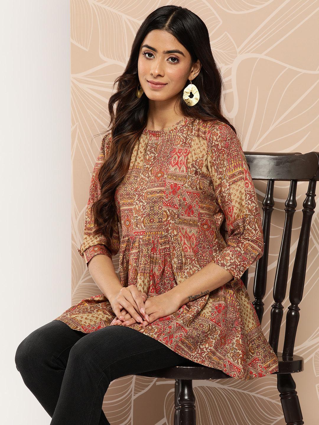 Multicoloured Printed Silk Blend A-Line Kurti