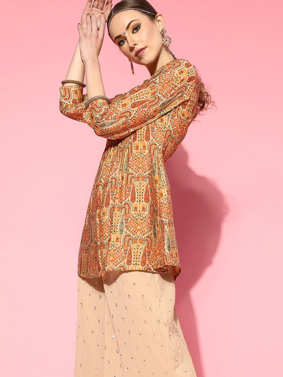 Multicoloured Printed Silk Blend Kurti - Libas