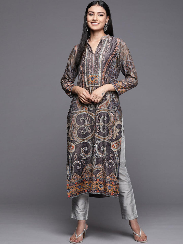 Multicoloured Printed Velvet Straight Kurta - Libas