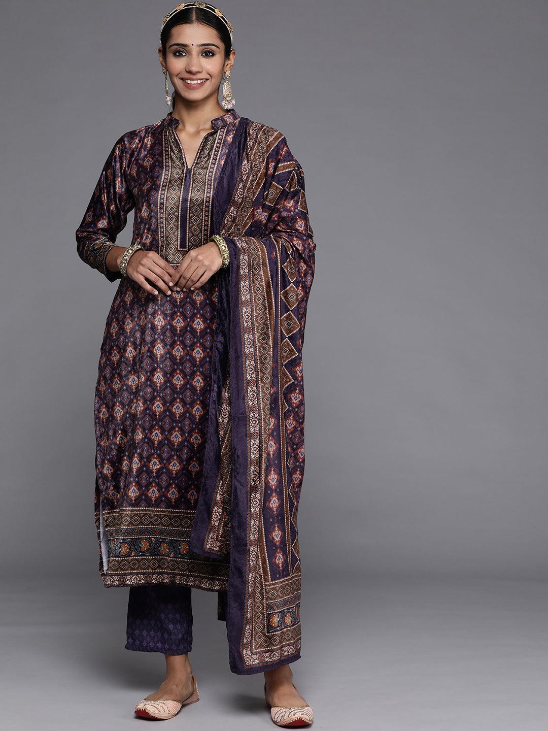 Multicoloured Printed Velvet Straight Kurta With Dupatta