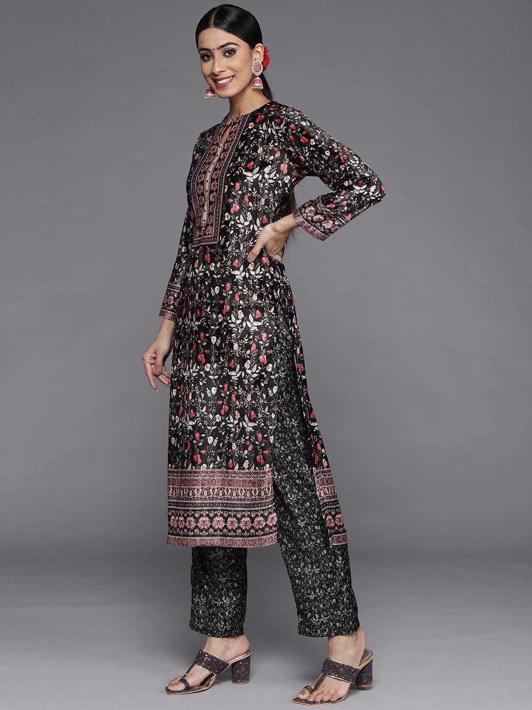 Multicoloured Printed Velvet Straight Suit Set With Trousers - Libas