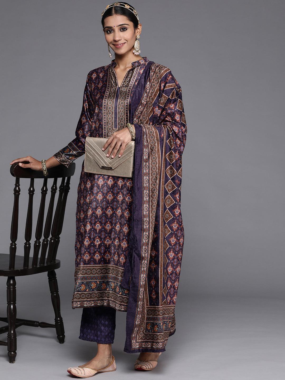 Multicoloured Printed Velvet Straight Kurta With Dupatta