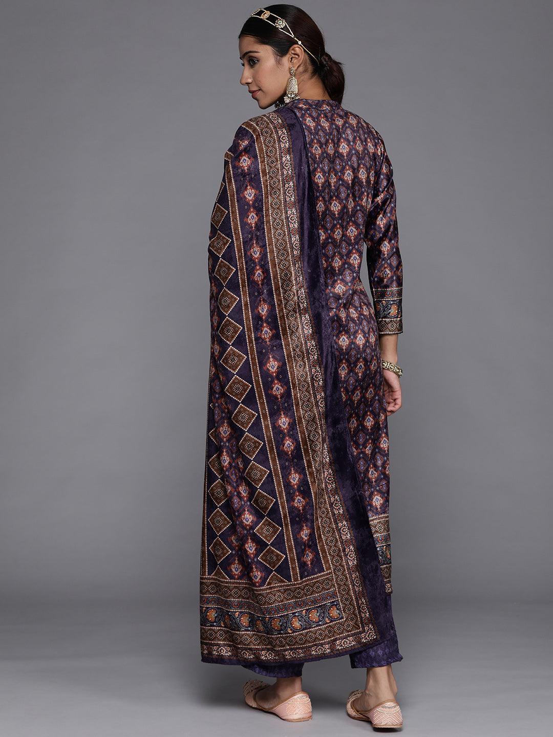 Multicoloured Printed Velvet Straight Kurta With Dupatta