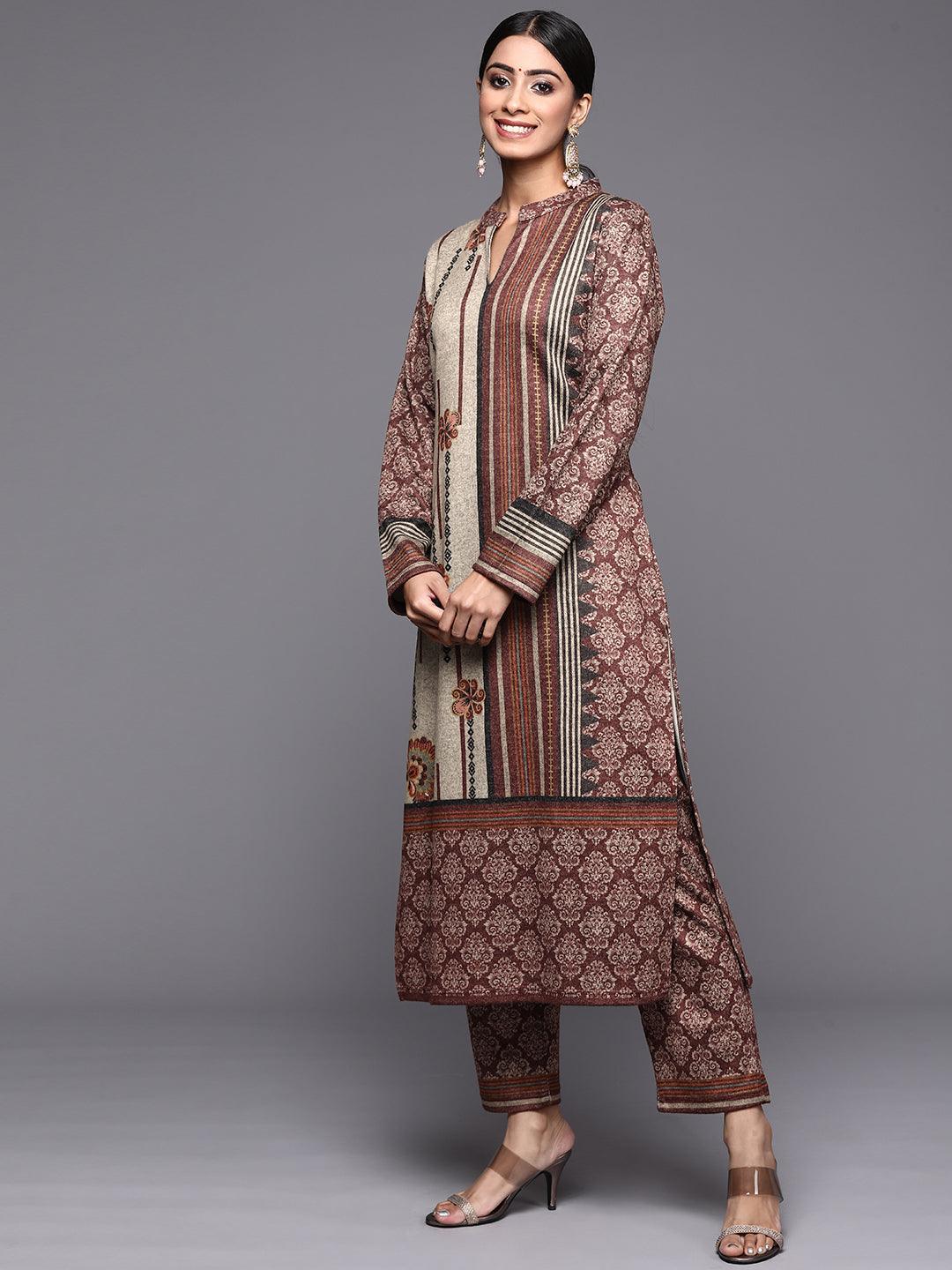 Multicoloured Printed Wool Straight Suit Set