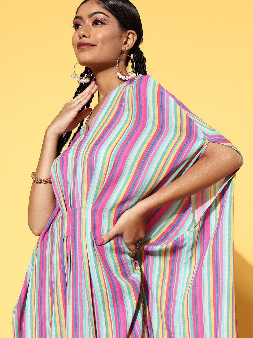 Multicoloured Striped Georgette Dress - ShopLibas