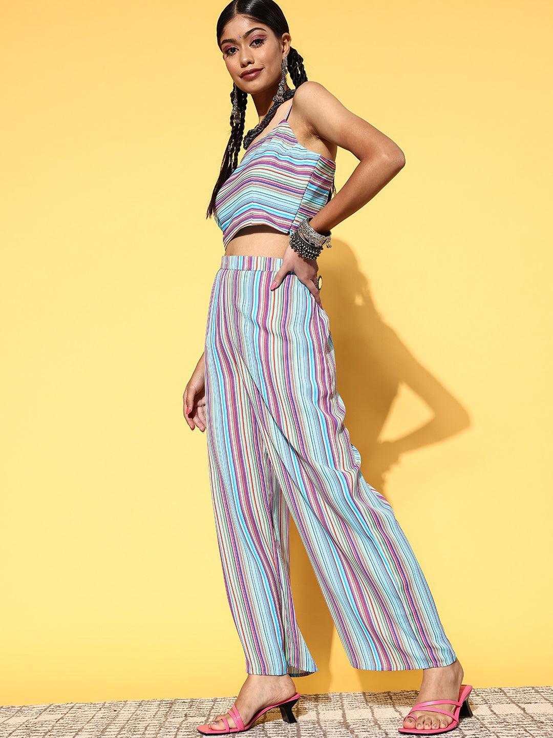 Multicoloured Striped Georgette Co-Ords