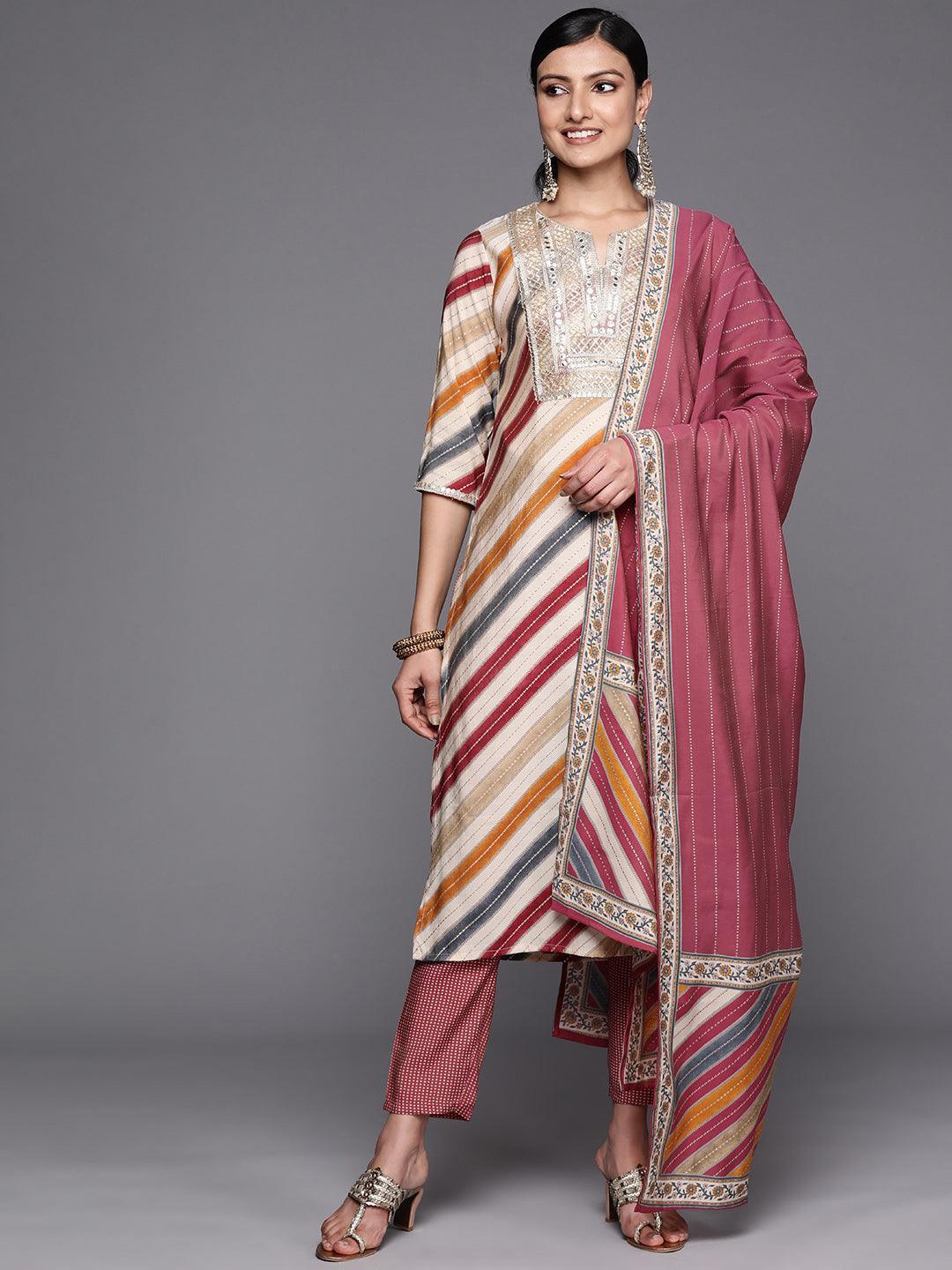 Multicoloured Yoke Design Silk Blend Straight Suit Set With Trousers