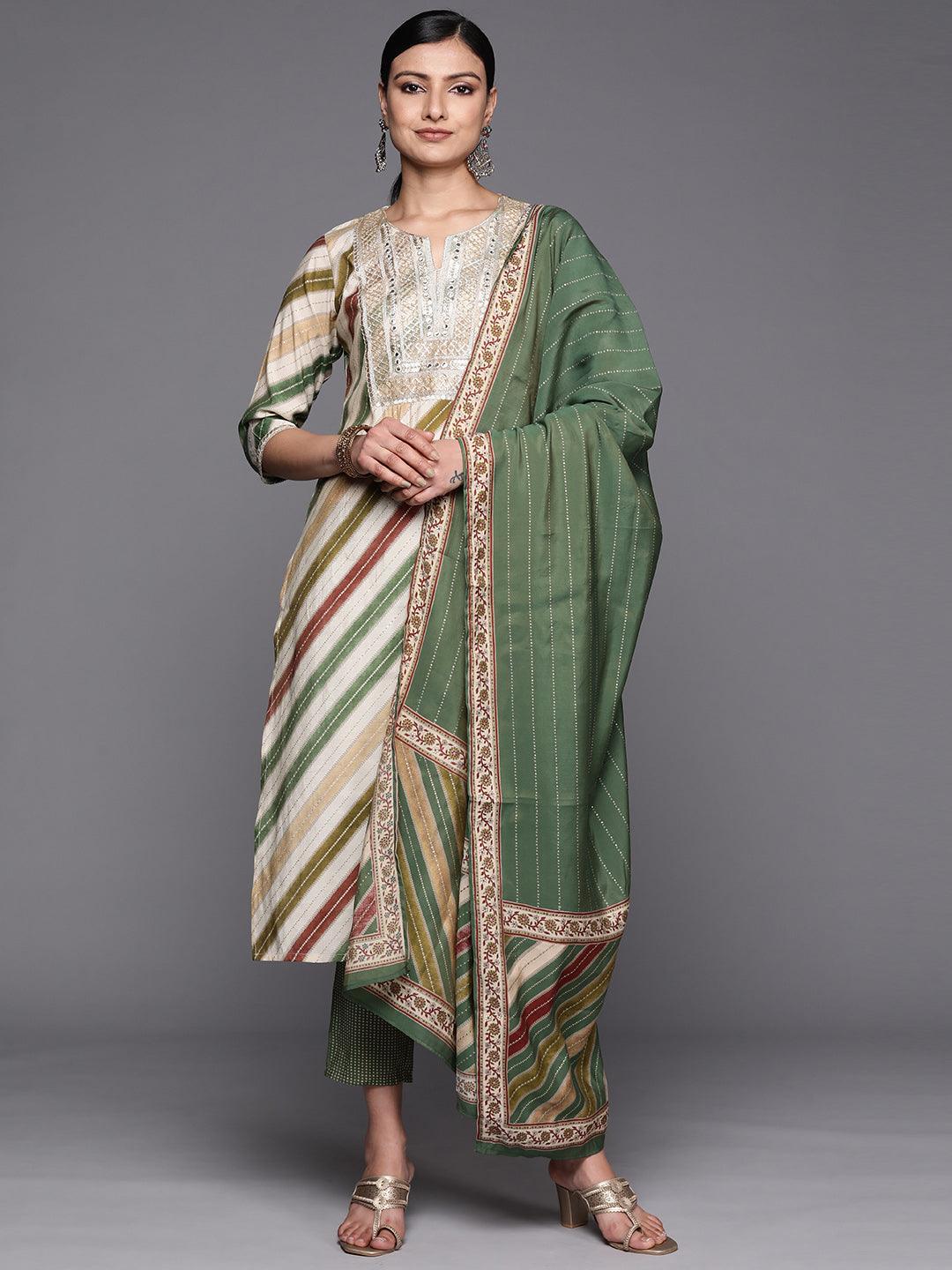 Multicoloured Yoke Design Silk Blend Straight Suit Set With Trousers