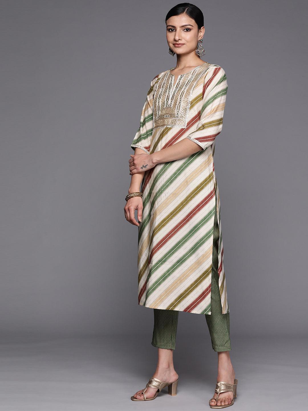 Multicoloured Yoke Design Silk Blend Straight Suit Set With Trousers