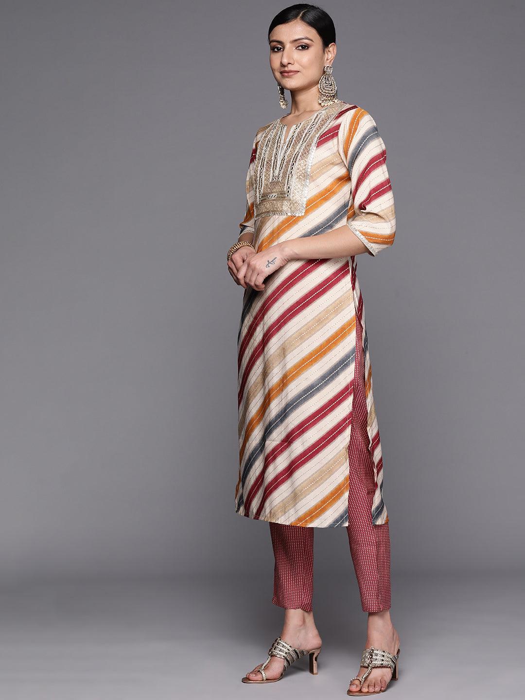 Multicoloured Yoke Design Silk Blend Straight Suit Set With Trousers