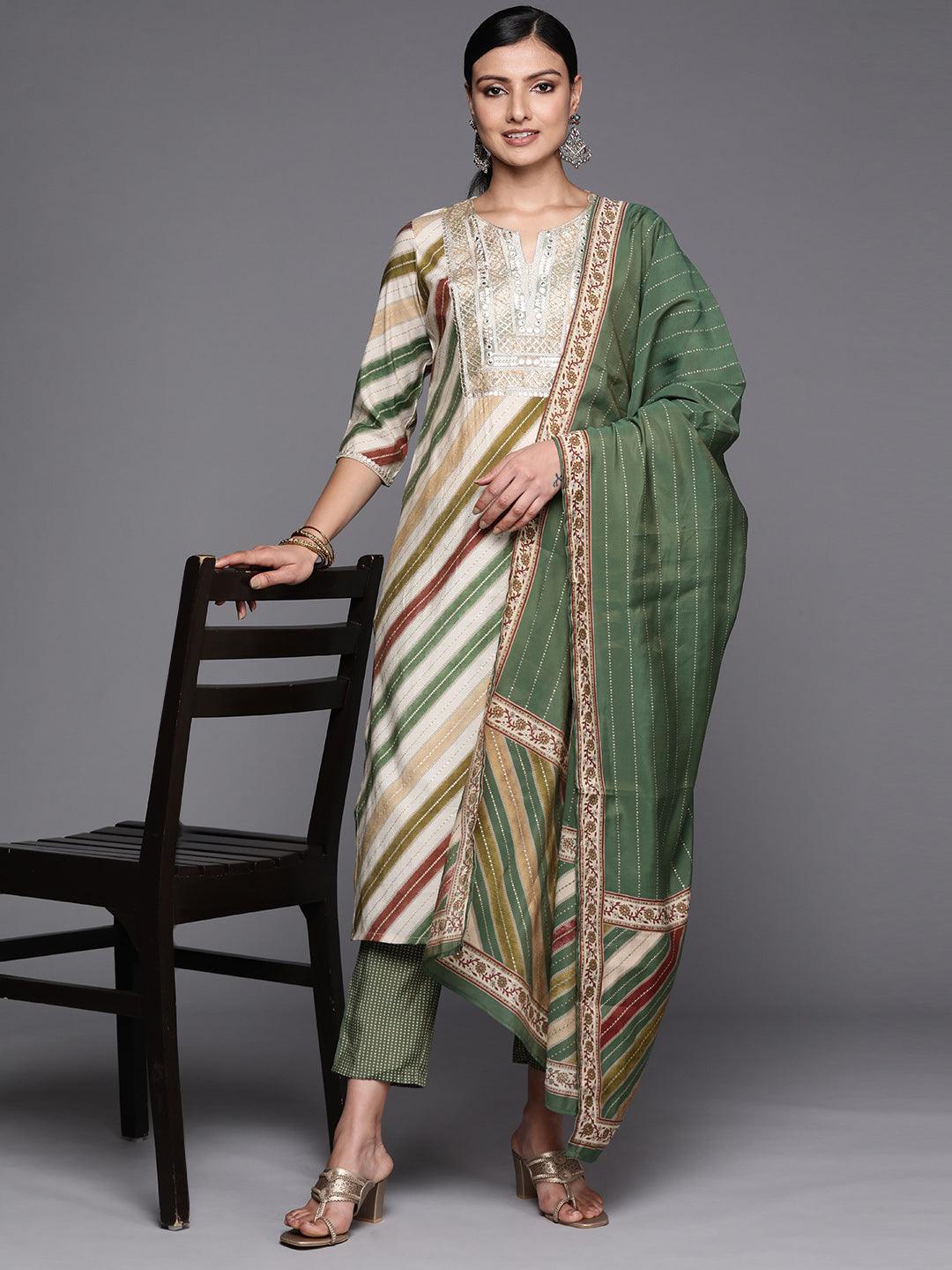 Multicoloured Yoke Design Silk Blend Straight Suit Set With Trousers