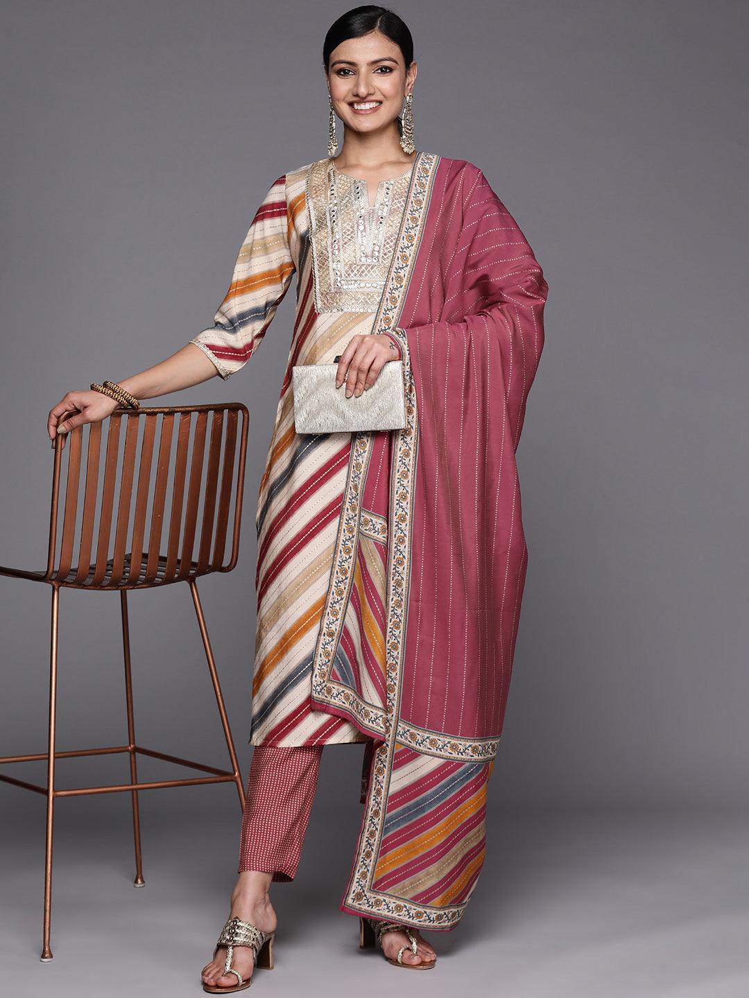 Multicoloured Yoke Design Silk Blend Straight Suit Set With Trousers