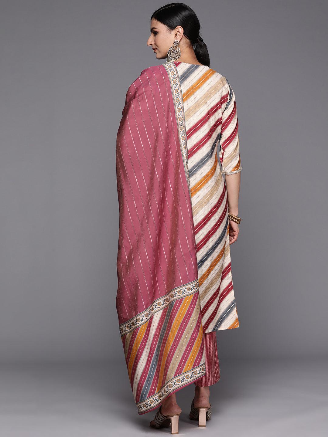 Multicoloured Yoke Design Silk Blend Straight Suit Set With Trousers