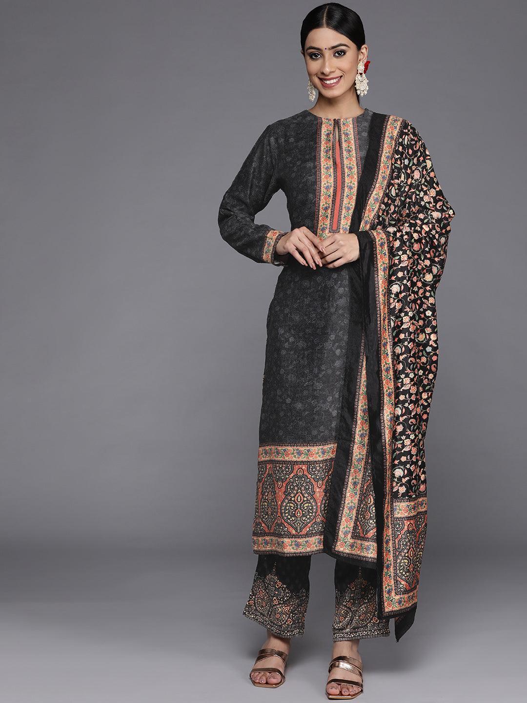 Multicoloured Yoke Design Velvet Straight Suit Set With Trousers - Libas