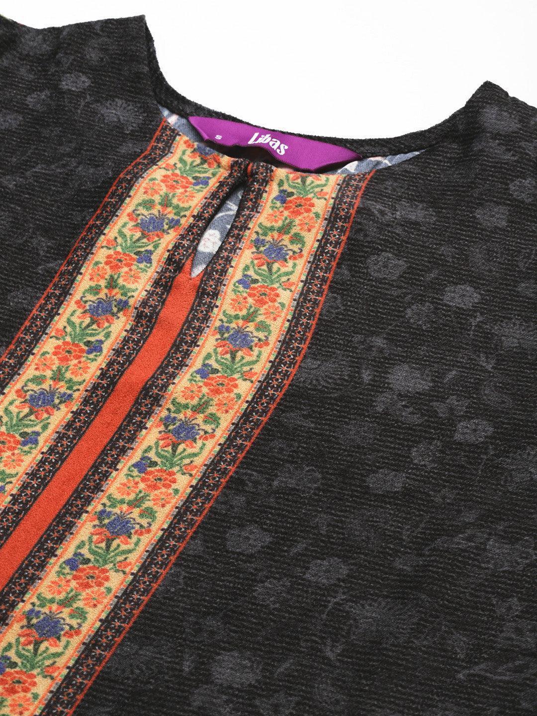 Multicoloured Yoke Design Velvet Straight Kurta With Dupatta