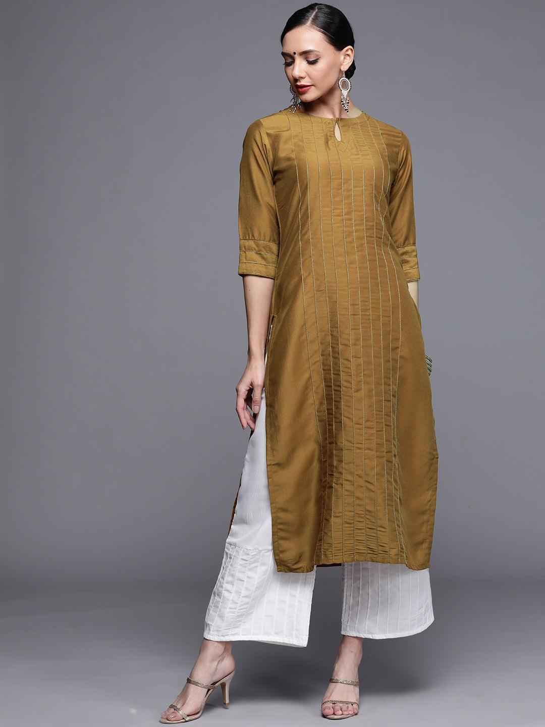 Mustard Brown Solid Chanderi Silk Straight Kurta