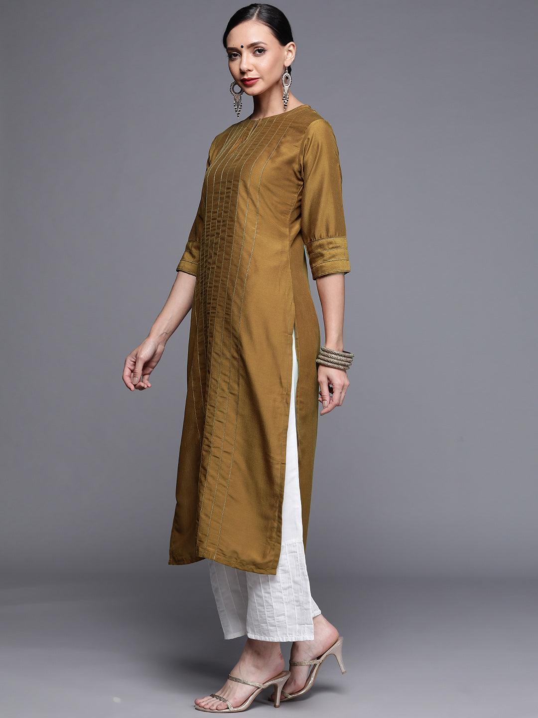 Mustard Brown Solid Chanderi Silk Straight Kurta