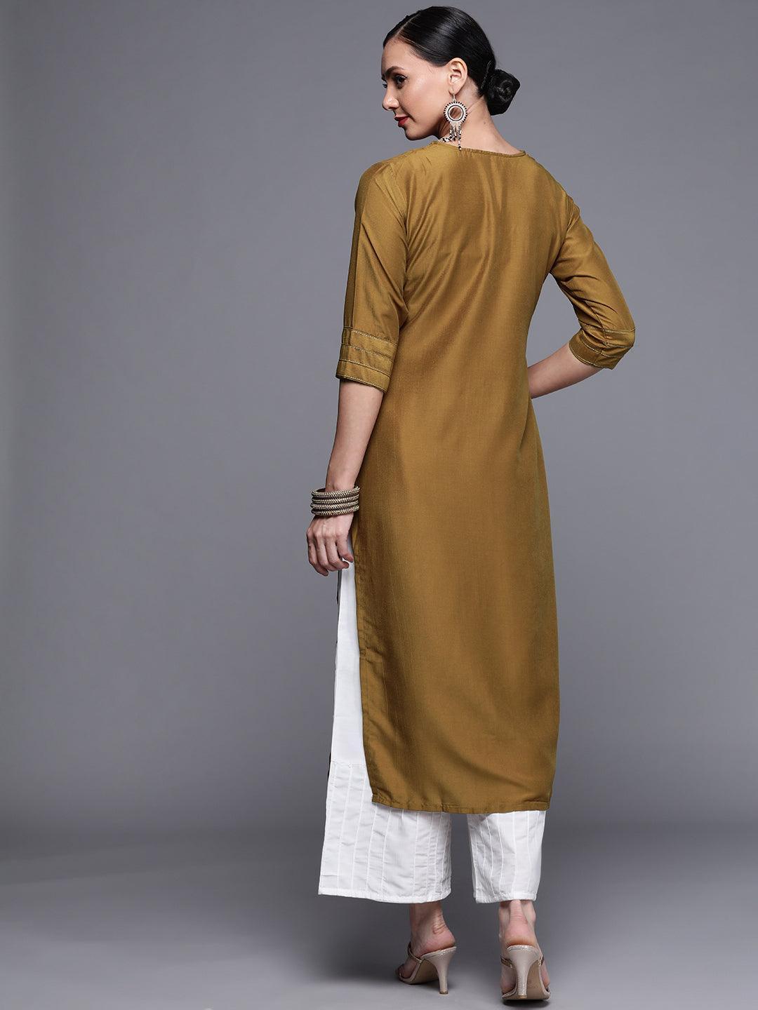 Mustard Brown Solid Chanderi Silk Straight Kurta