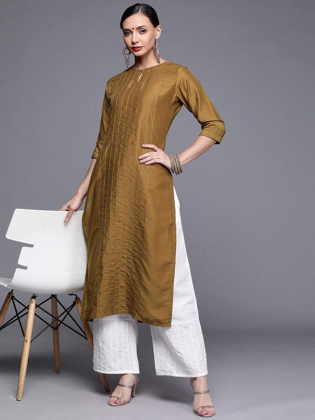 Mustard Brown Solid Chanderi Silk Straight Kurta