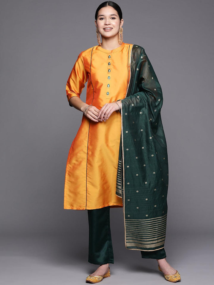 Mustard Embroidered Art Silk Straight Suit Set With Trousers - ShopLibas