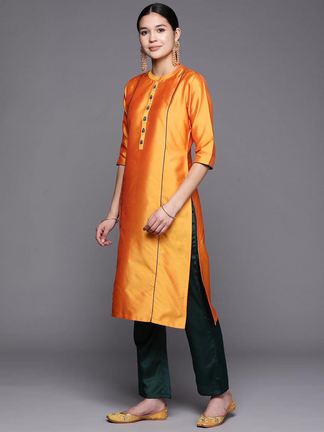 Mustard Embroidered Art Silk Straight Suit Set With Trousers - ShopLibas