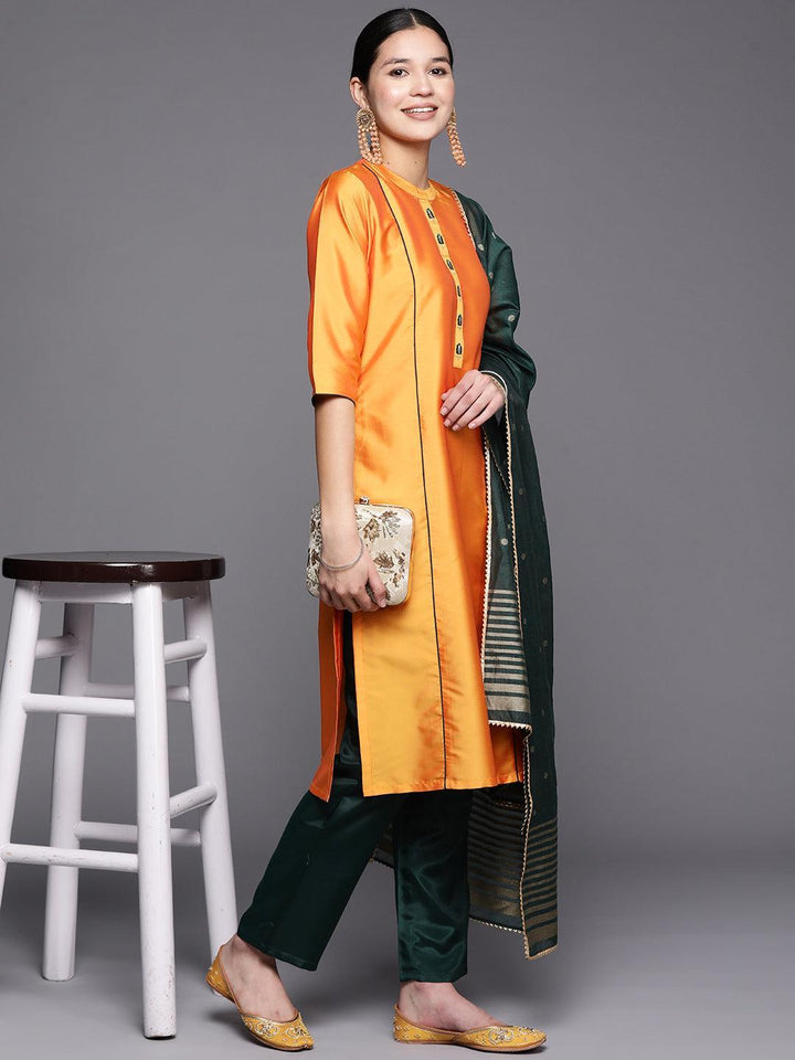 Mustard Embroidered Art Silk Straight Suit Set With Trousers - ShopLibas