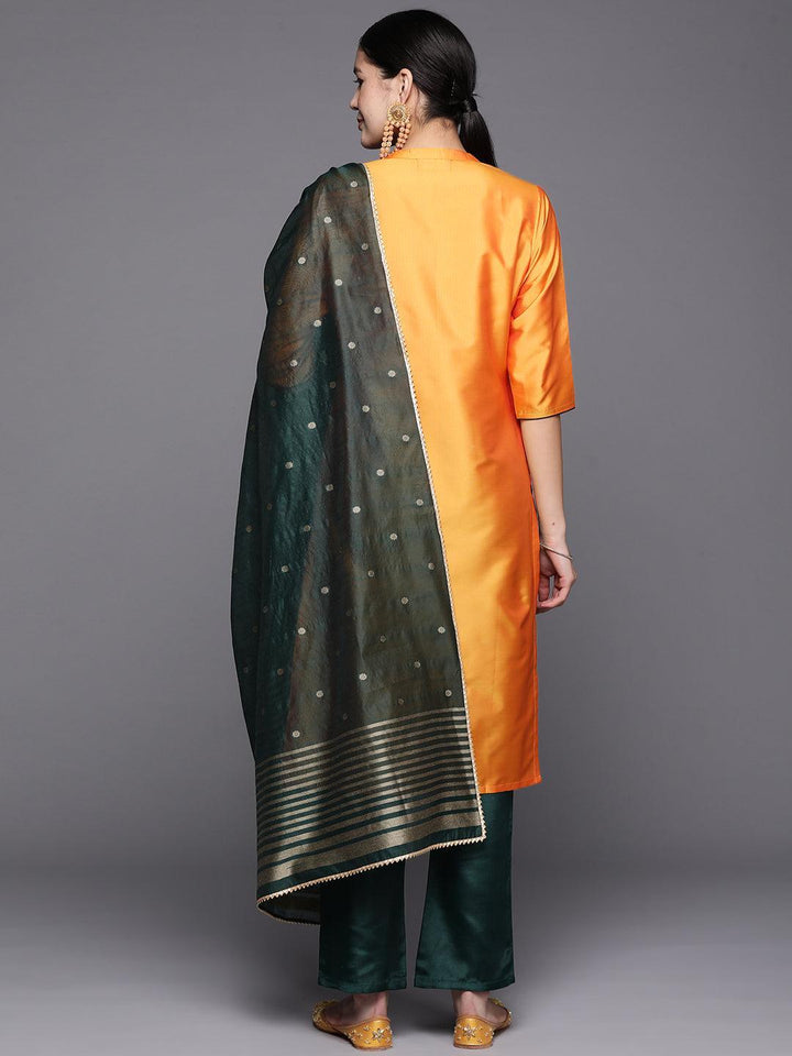 Mustard Embroidered Art Silk Straight Suit Set With Trousers - ShopLibas