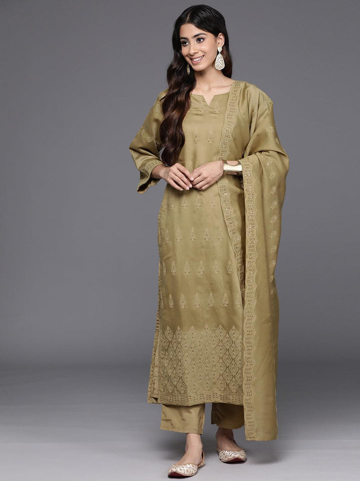 Mustard Embroidered Chanderi Silk Straight Kurta With Trousers & Dupatta - Libas