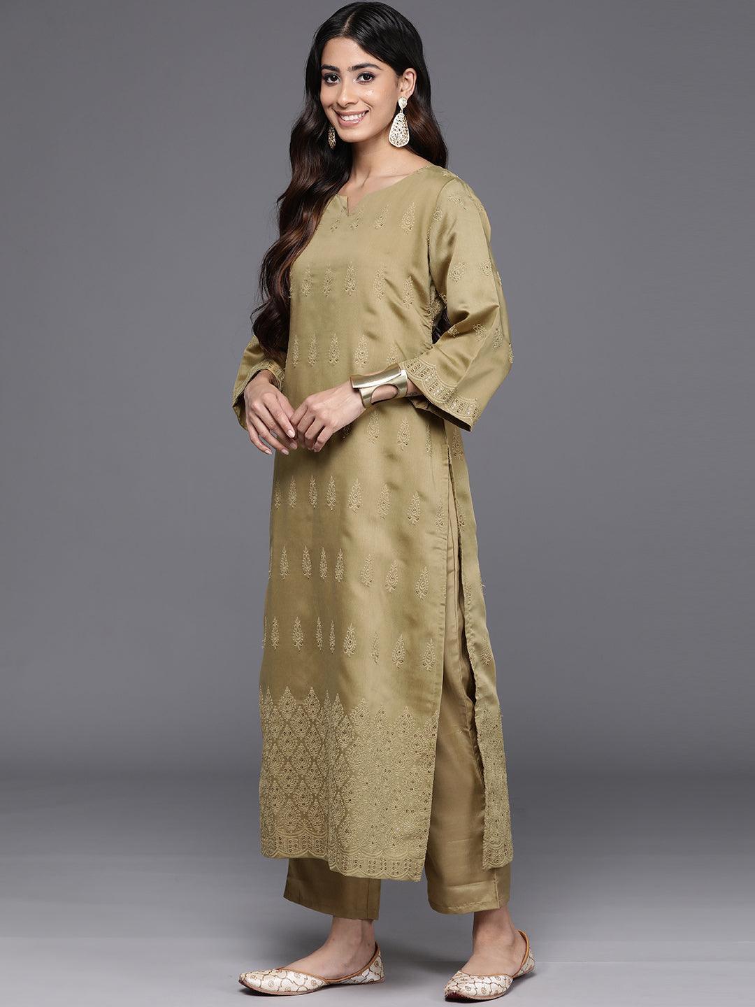 Mustard Embroidered Chanderi Silk Straight Kurta With Trousers & Dupatta - Libas