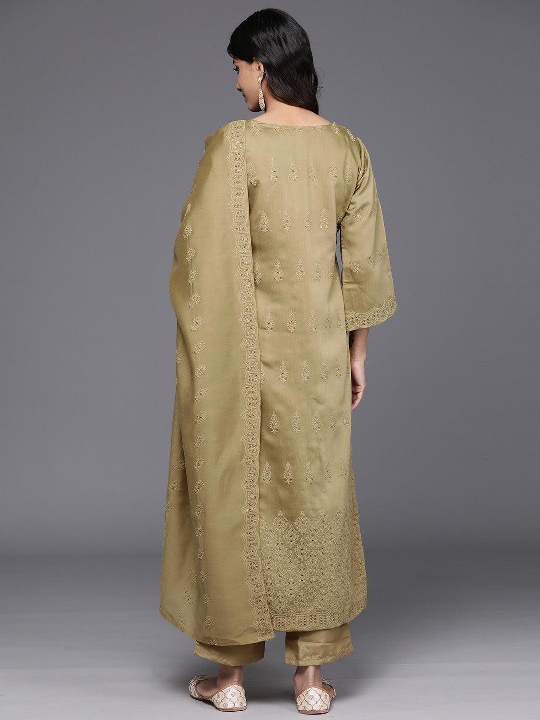 Mustard Embroidered Chanderi Silk Straight Kurta With Trousers & Dupatta - Libas