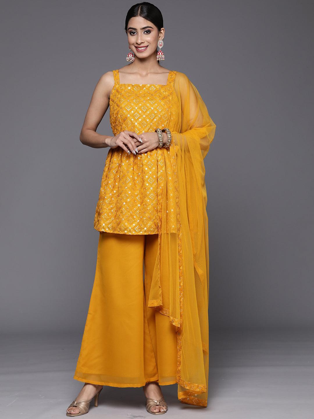 Mustard Embroidered Georgette A-Line Suit Set With Palazzos