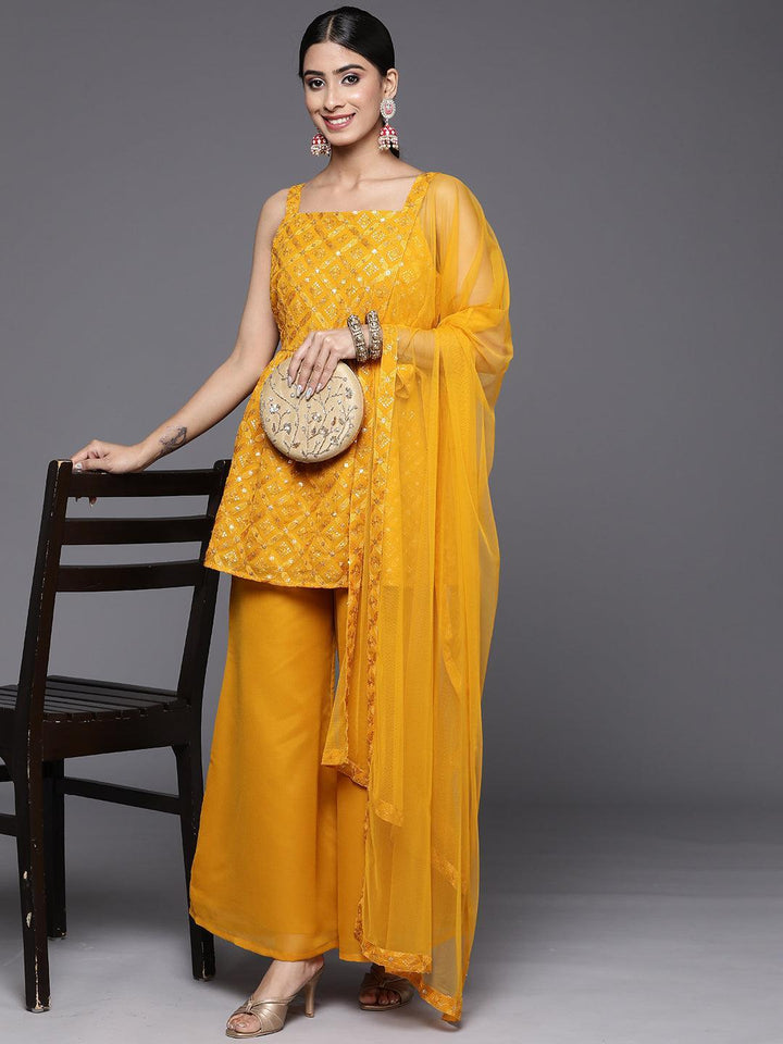 Mustard Embroidered Georgette A-Line Suit Set With Palazzos - ShopLibas