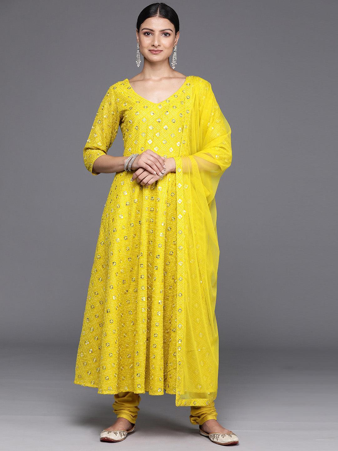 Mustard Embroidered Georgette Anarkali Kurta With Churidar & Dupatta