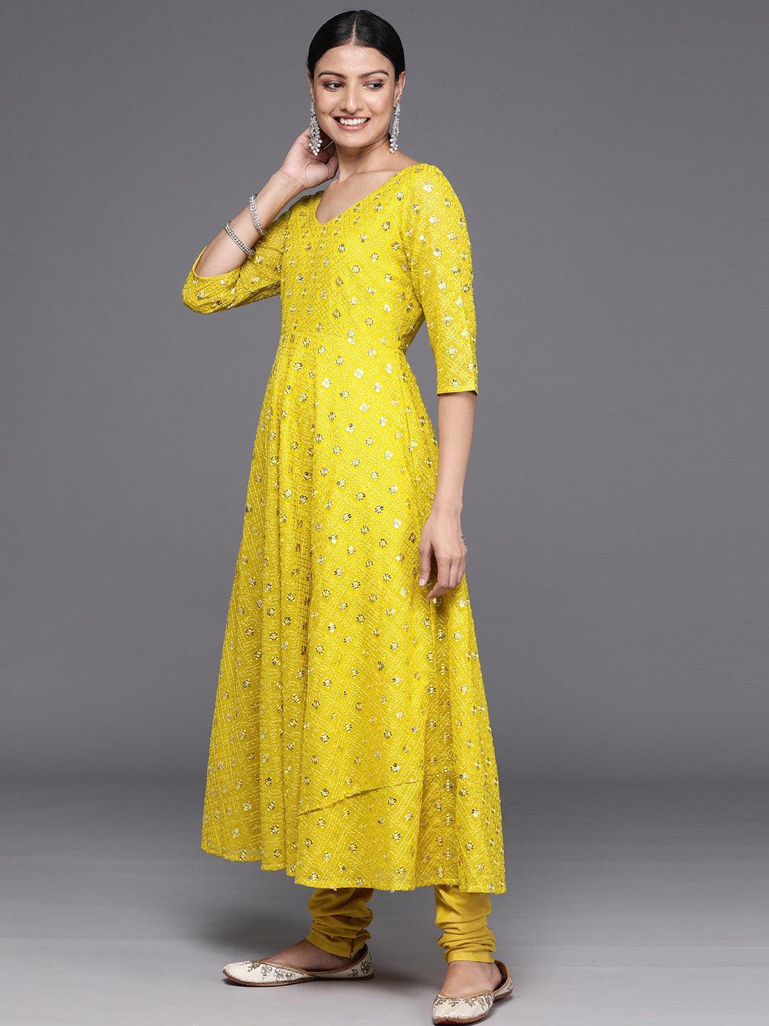 Mustard Embroidered Georgette Anarkali Kurta With Churidar & Dupatta