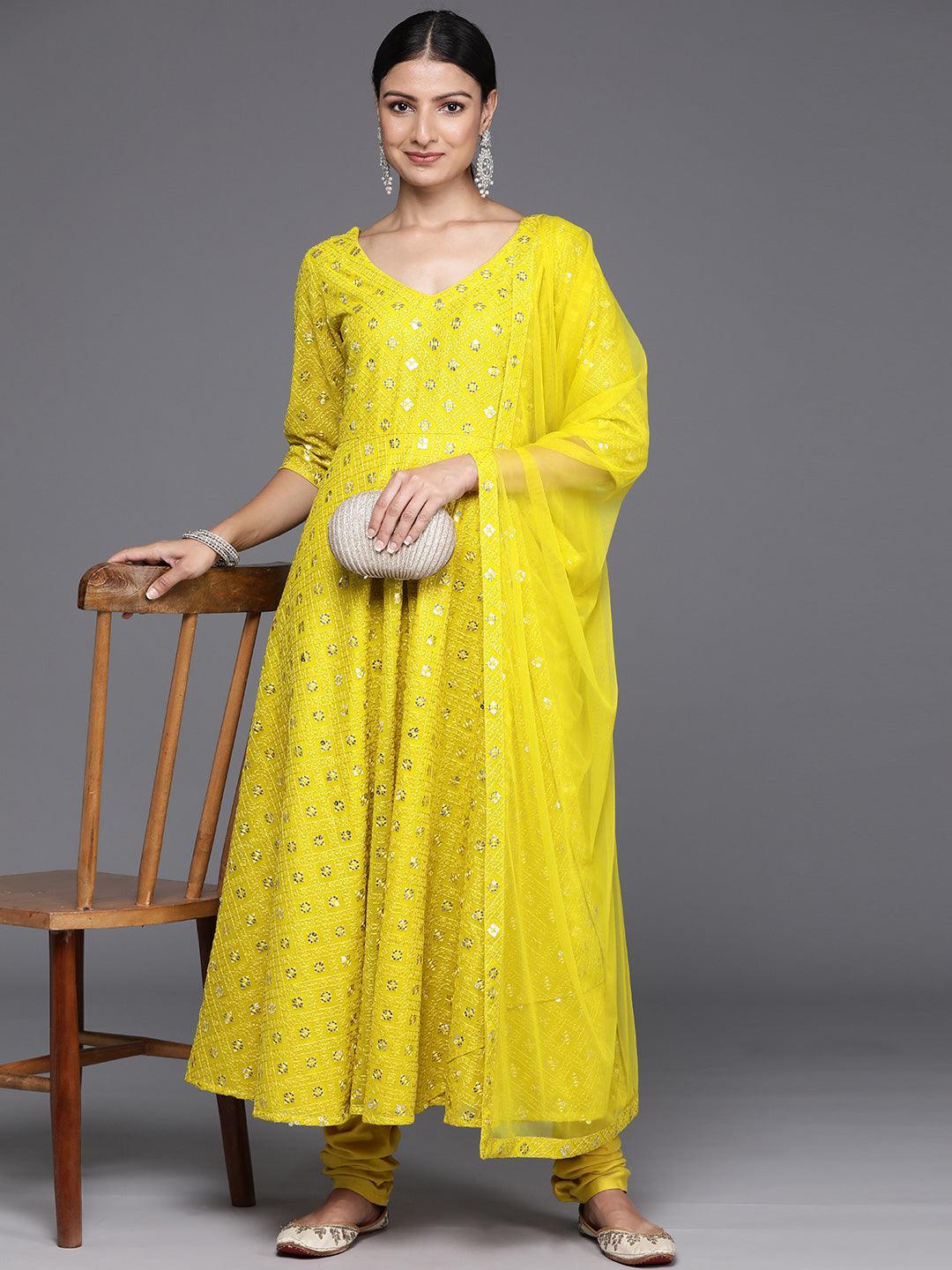 Mustard Embroidered Georgette Anarkali Kurta With Churidar & Dupatta