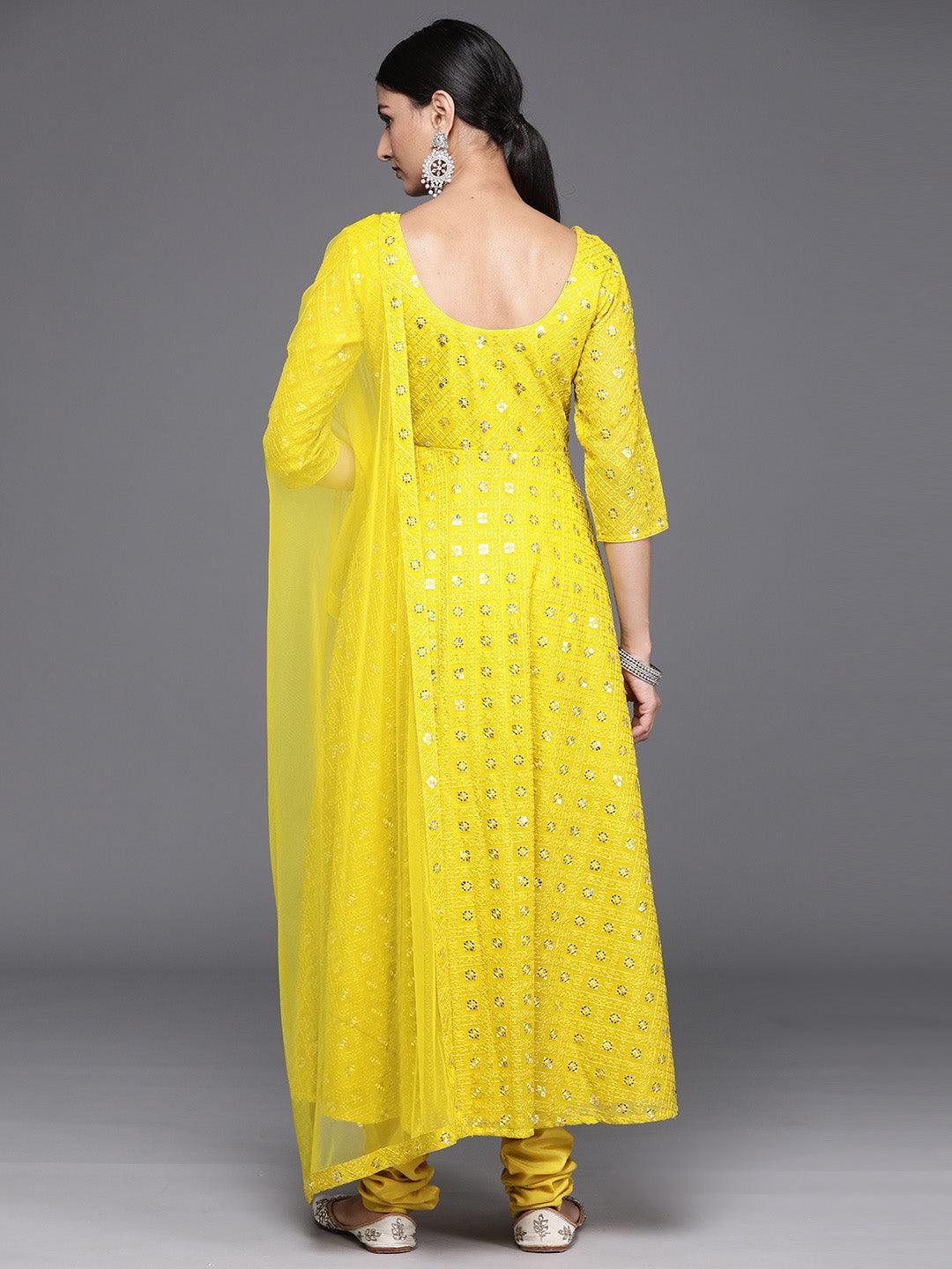 Mustard Embroidered Georgette Anarkali Kurta With Churidar & Dupatta