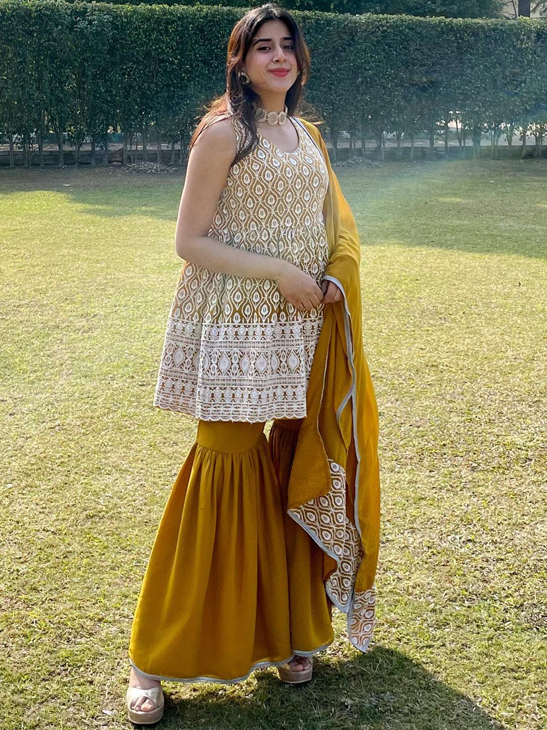 Mustard Embroidered Georgette Anarkali Kurta With Sharara & Dupatta