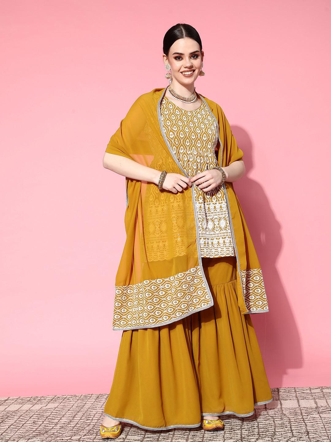 Mustard Embroidered Georgette Anarkali Kurta With Sharara & Dupatta