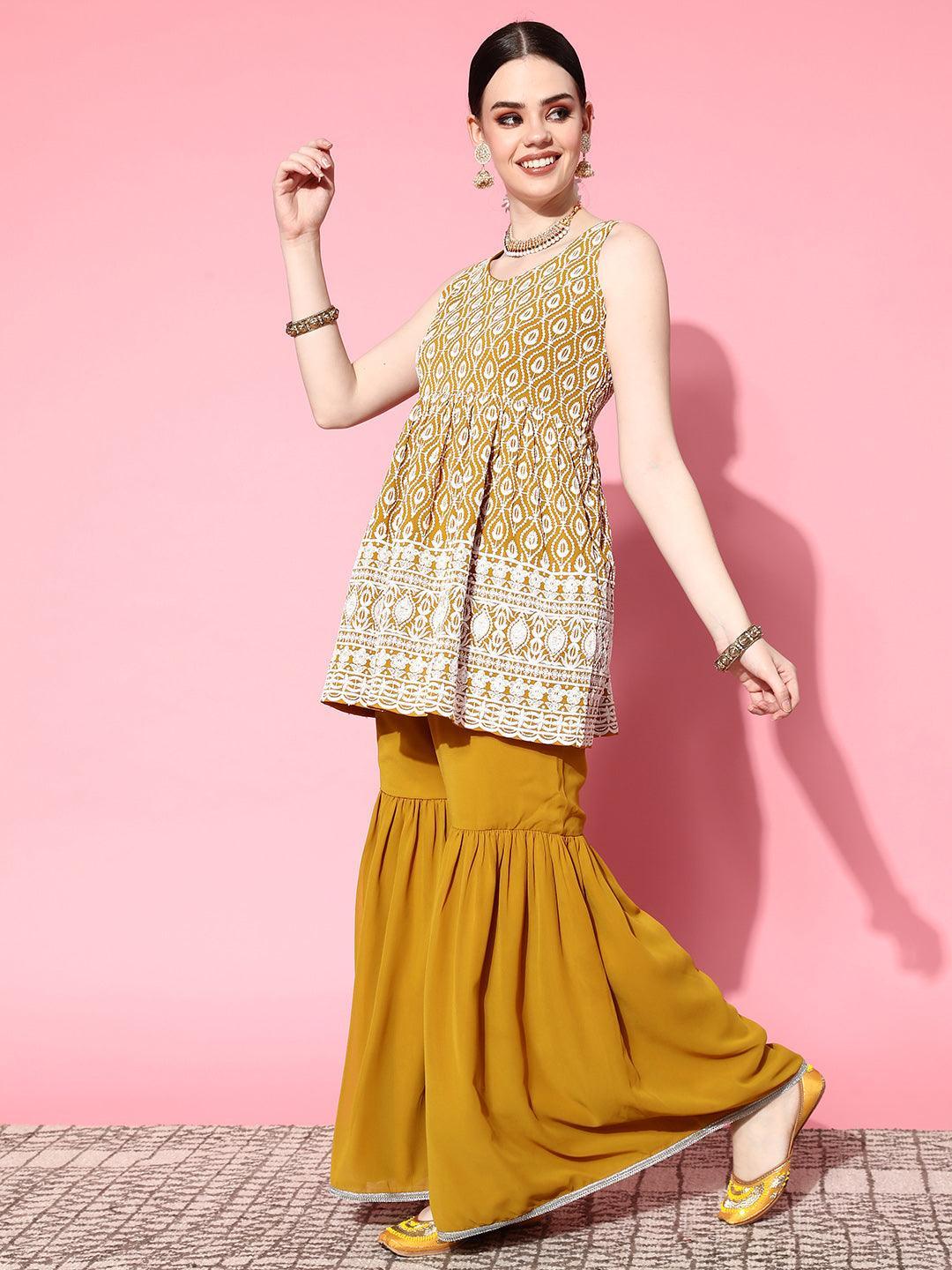 Mustard Embroidered Georgette Anarkali Kurta With Sharara & Dupatta