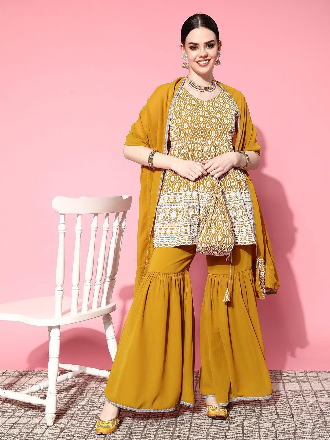 Mustard Embroidered Georgette Anarkali Kurta With Sharara & Dupatta