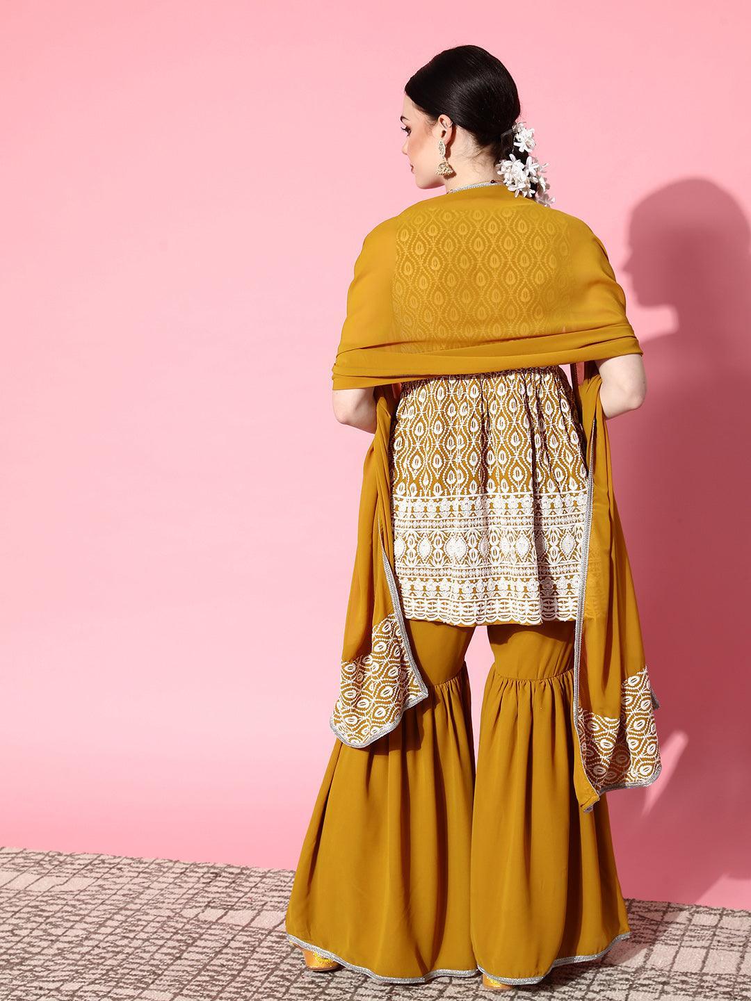 Mustard Embroidered Georgette Anarkali Kurta With Sharara & Dupatta