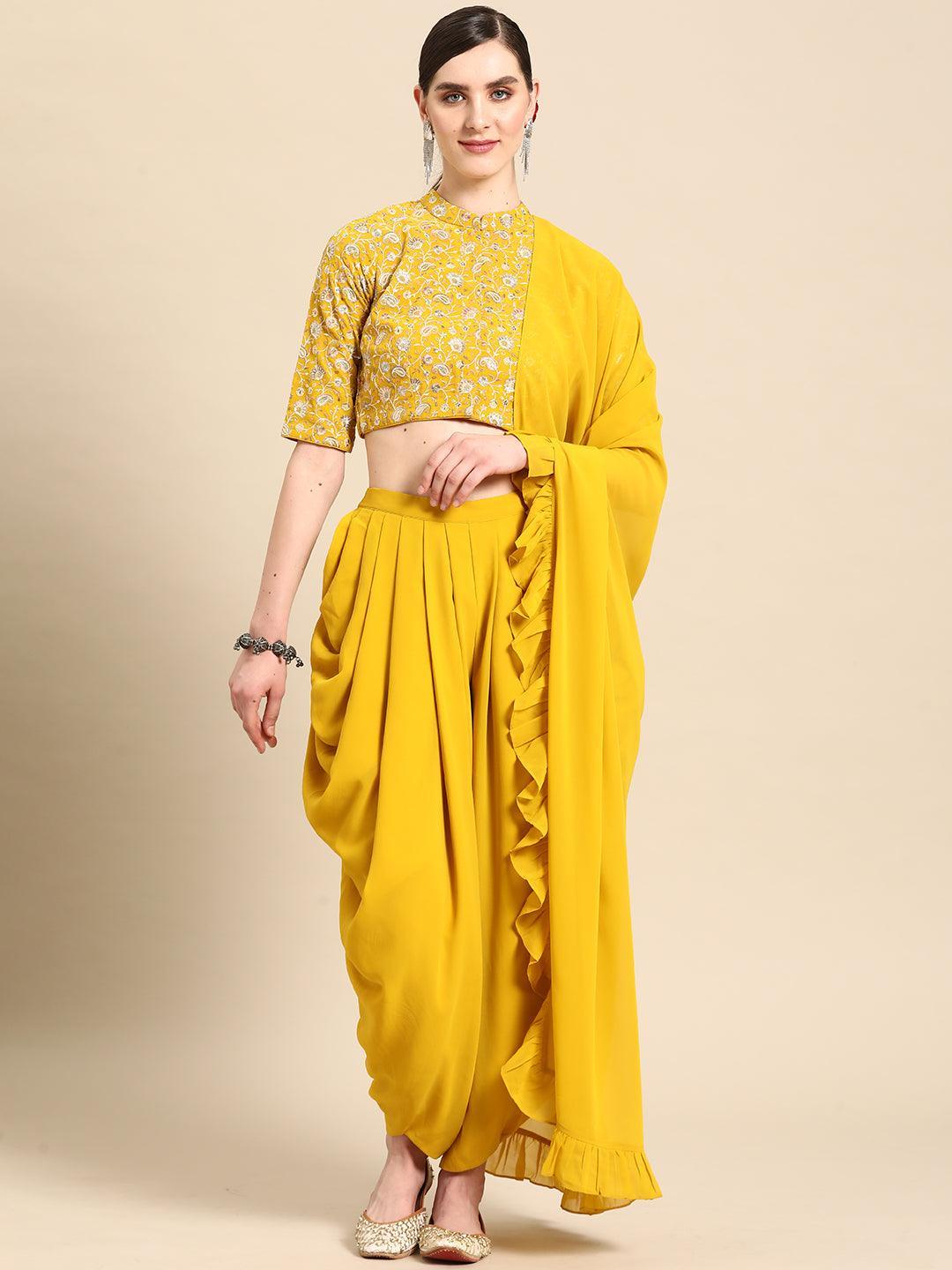 Mustard Embroidered Georgette Dhoti Saree